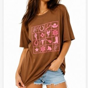 2 Fly Co Western Graphic Puff Paint Tee Brown Pink Cowboy Icons L/XL New